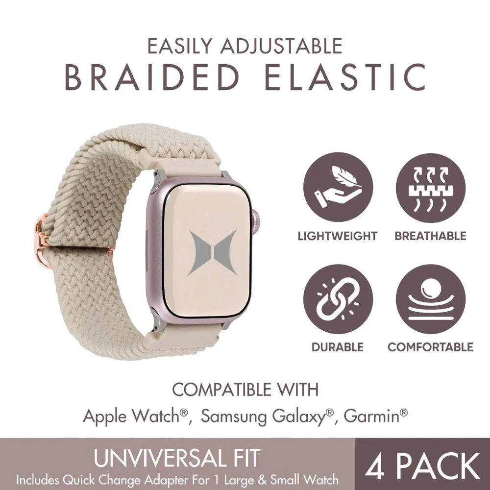 Universal Tan, Green, Mauve, Sky Blue Nylon Elastic Smart Watch Band Set Of 4